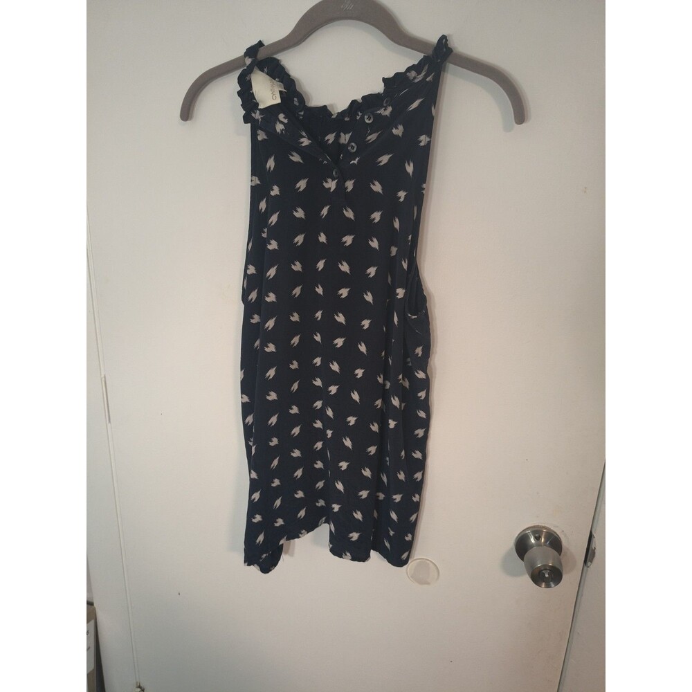 CYNTHIA ROWLEY 100% Silk SHIRT Tank Navy Blue & Tan High Ruffle Neck Size L